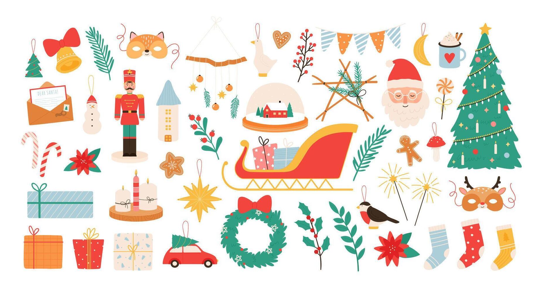 Navidad dibujos animados decoraciones y juguetes nuevo año y alegre Navidad decoración elementos, cascanueces, muérdago, calcetines y Papa Noel pegatinas vector conjunto