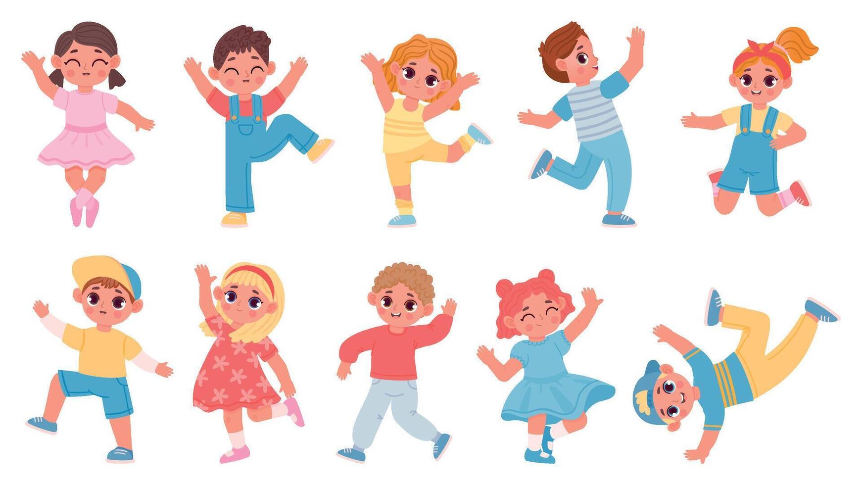 Cartoon happy dancing and jumping kids boys and girls. Children dance party joy. Ballet and aerobics poses. Kid character have fun vector set