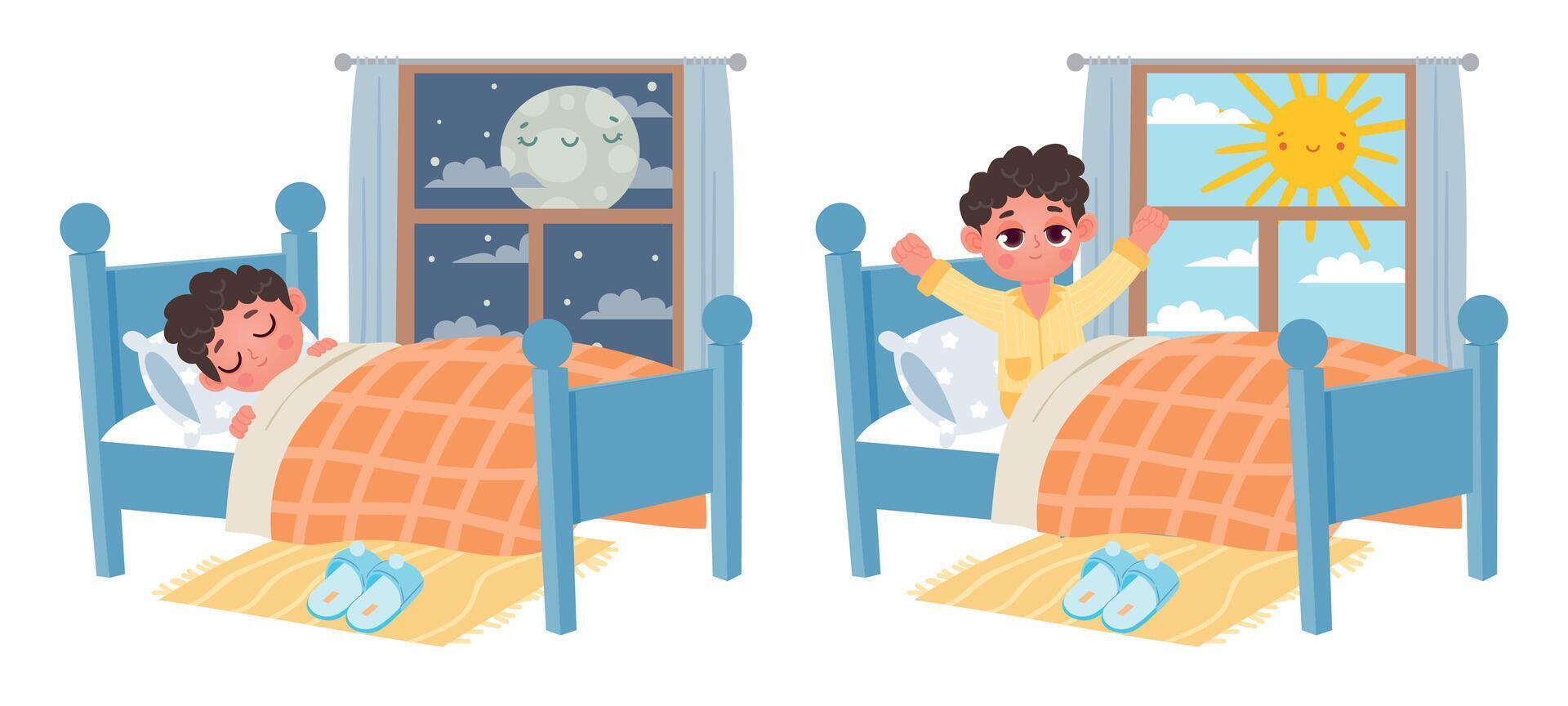 Cartoon kid boy sleep at night, wake up at morning. Child in bed and window with moon or sun. Sweet dreams and healthy sleep vector concept