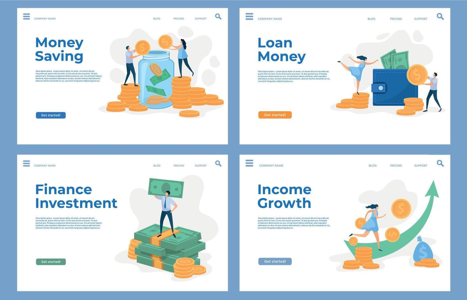 Finance landing pages with flat characters and money cash. Savings, business investment, loan and income growth vector website templates set