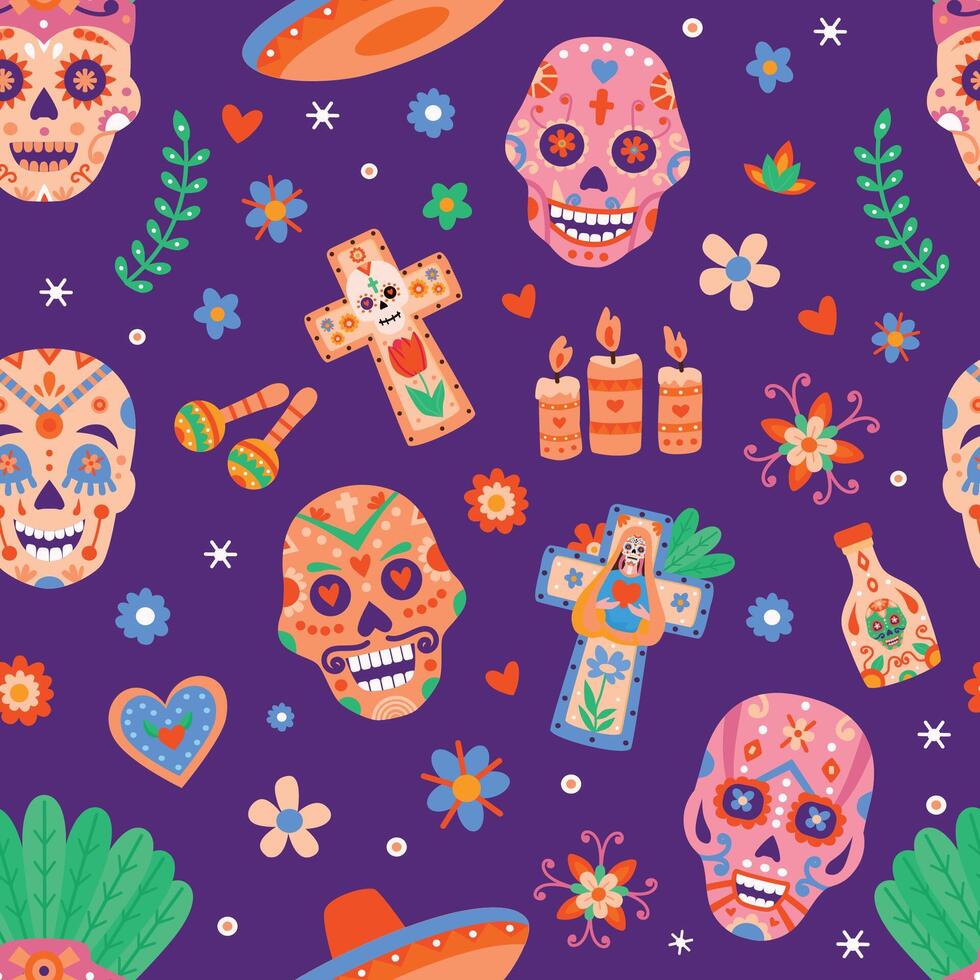 Day of dead seamless pattern. Dia de los muertos sugar skulls and flowers. Mexican halloween festival with skeletons heads flat vector print