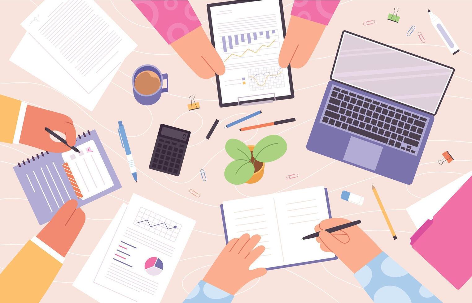 Office team work at table top view with character hands. Desk workplace with documents, graphics and laptop. Business meeting vector concept