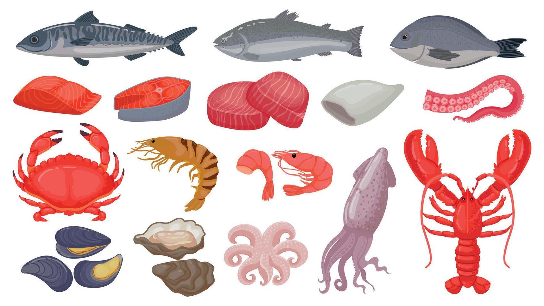 dibujos animados crudo mariscos, pez, Fresco salmón, langosta y calamar. Oceano camarón, atún bife, mariscos y pulpo tentáculo. marina comida vector conjunto