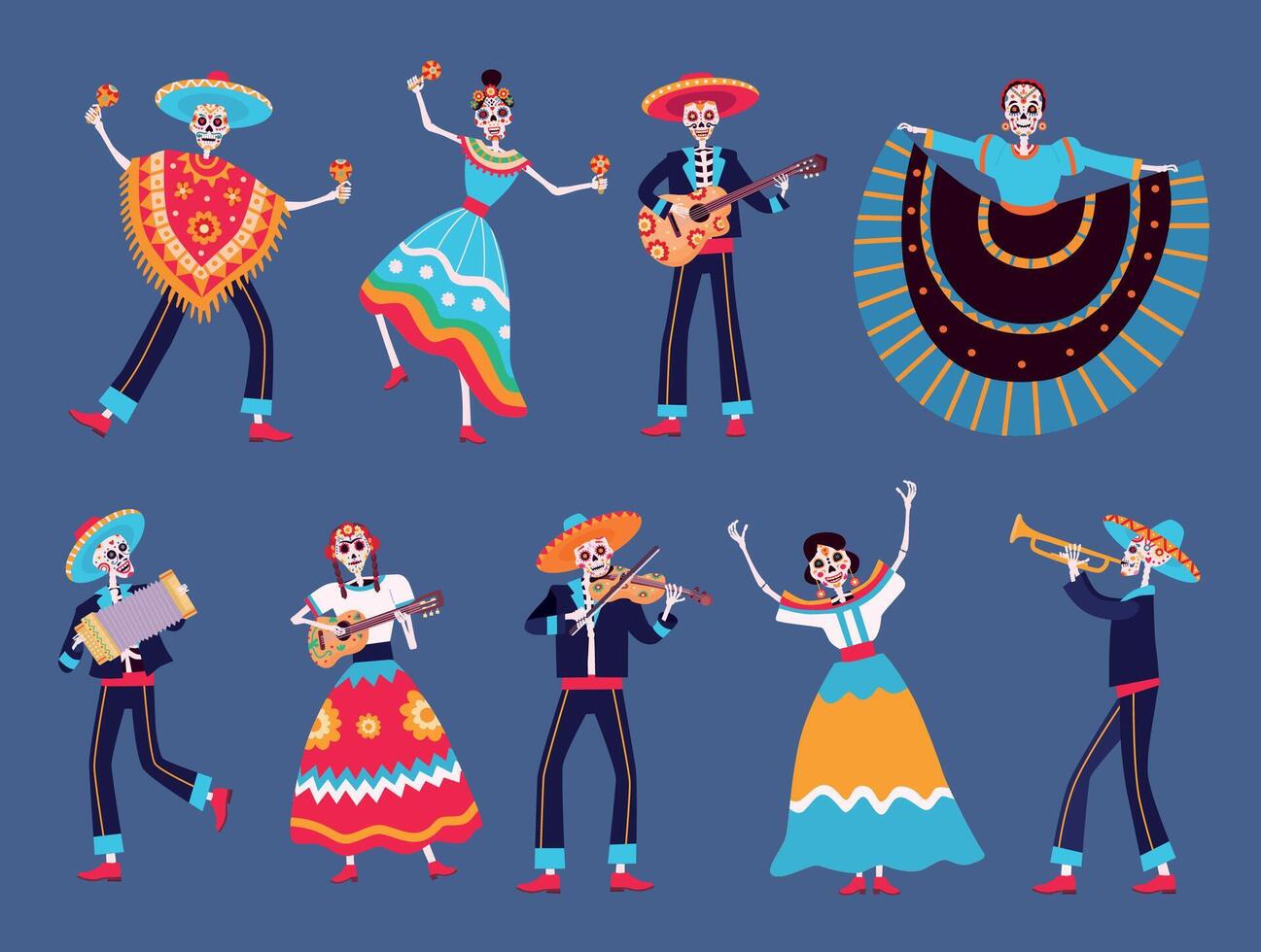 Day of dead skeletons. Mexican dia de los muertos skeleton dancers characters. Catrina, mariachi musicians skeletons with guitar vector set