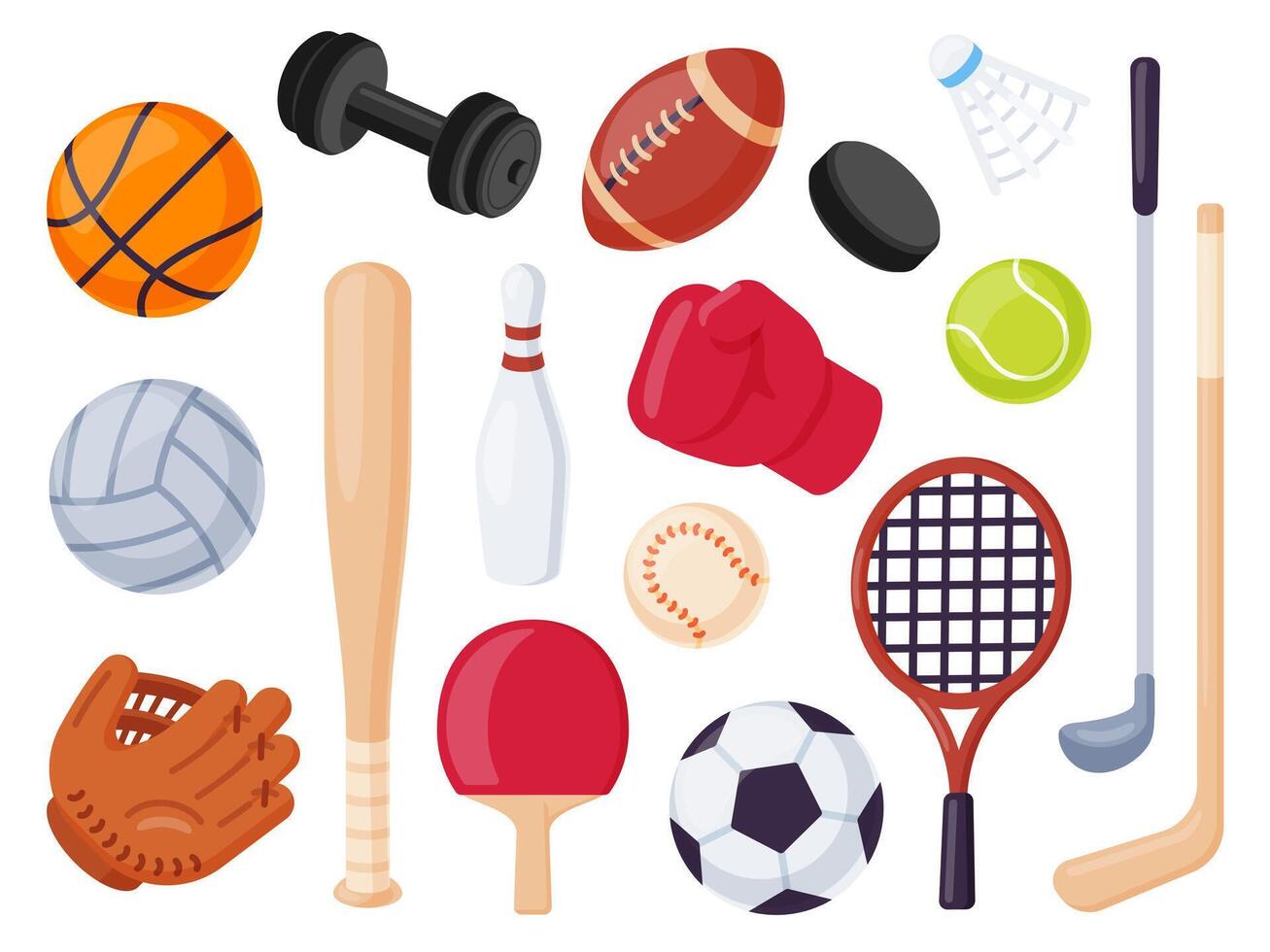 Sport equipment. Cartoon balls and gaming item for hockey, rugby, baseball and tennis racket. Bowling, boxing and golf flat icons vector set