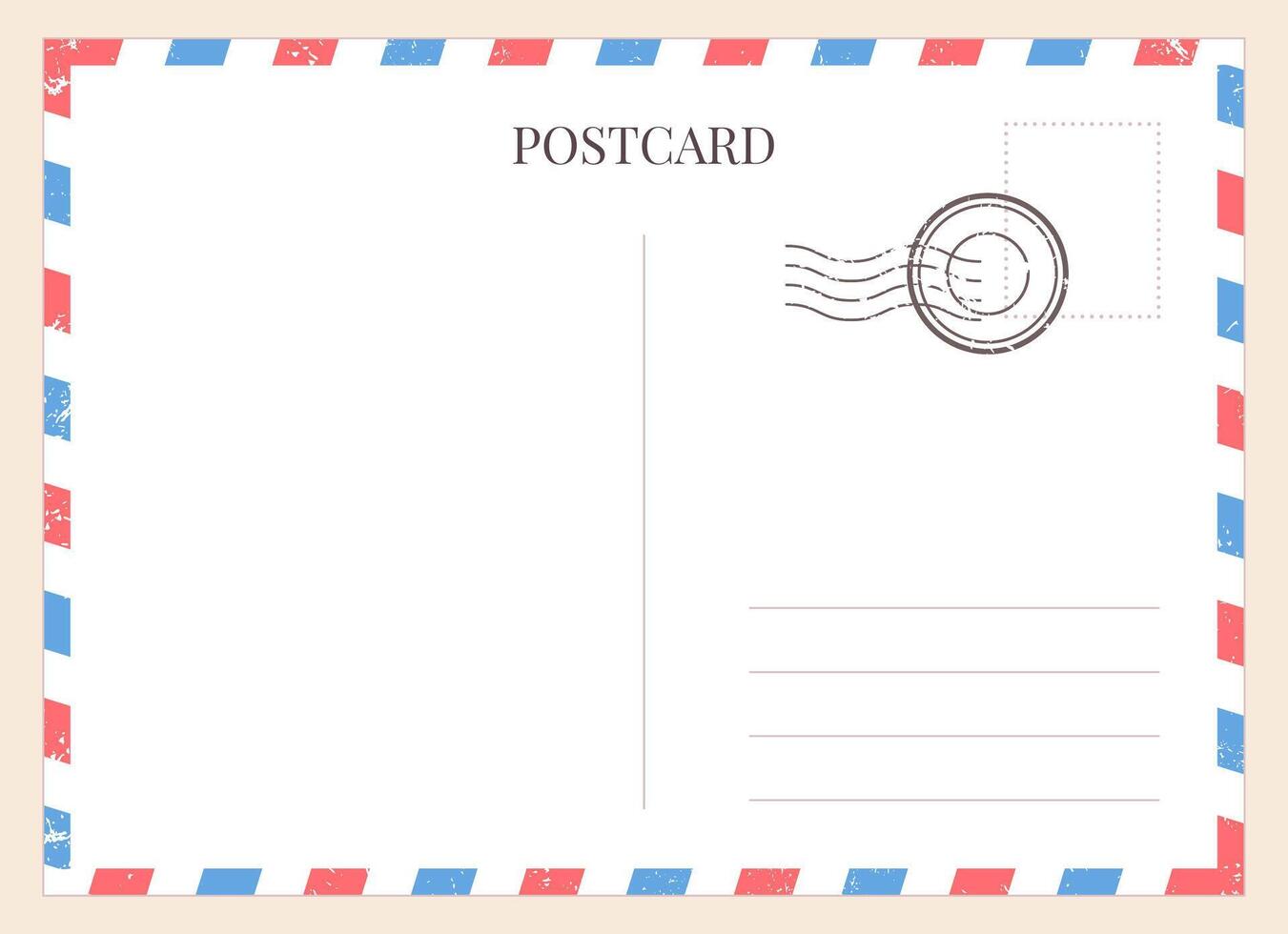 Postcard template. Paper blank postal card backside with stamp and striped frame. Empty vintage mail white letter for message vector mockup