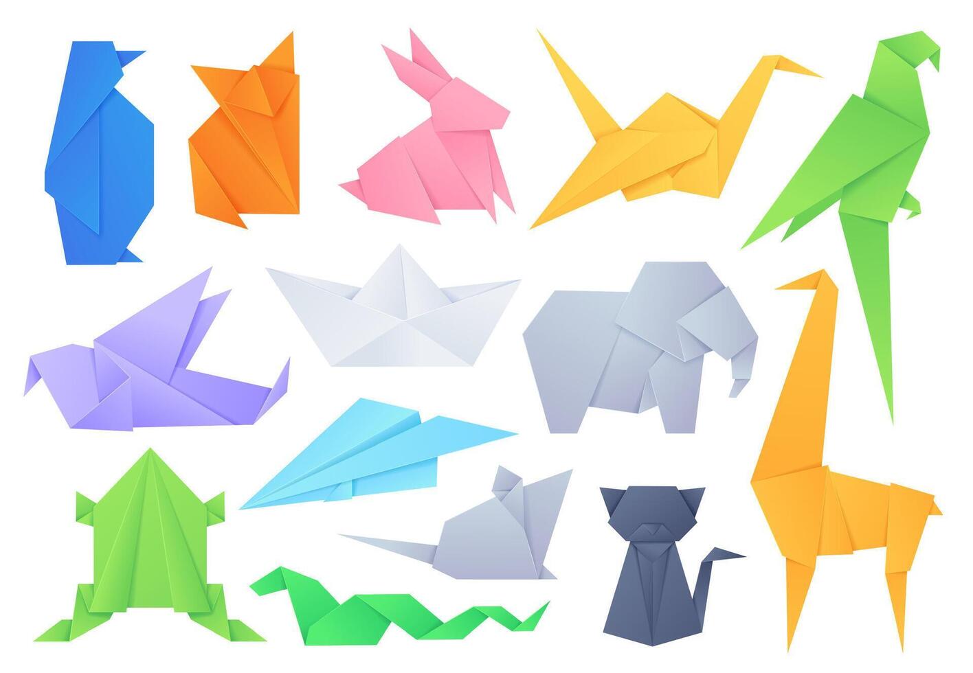 Origami animals. Geometric folded shapes for japanese game paper boat and plane, crane, birds, cat, elephant and rabbit. Crafting hobby vector set