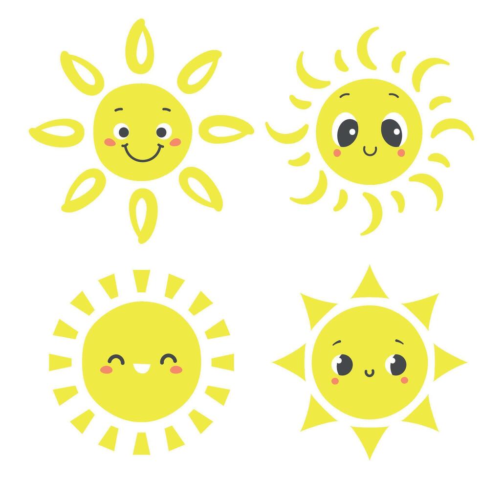 Hand drawn sun. Cartoon sunny characters with smiling faces. Happy morning elements with shining beams vector