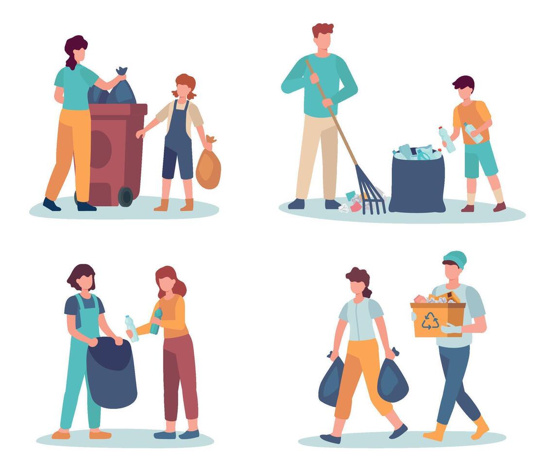 People collect trash and garbage together in pack vector