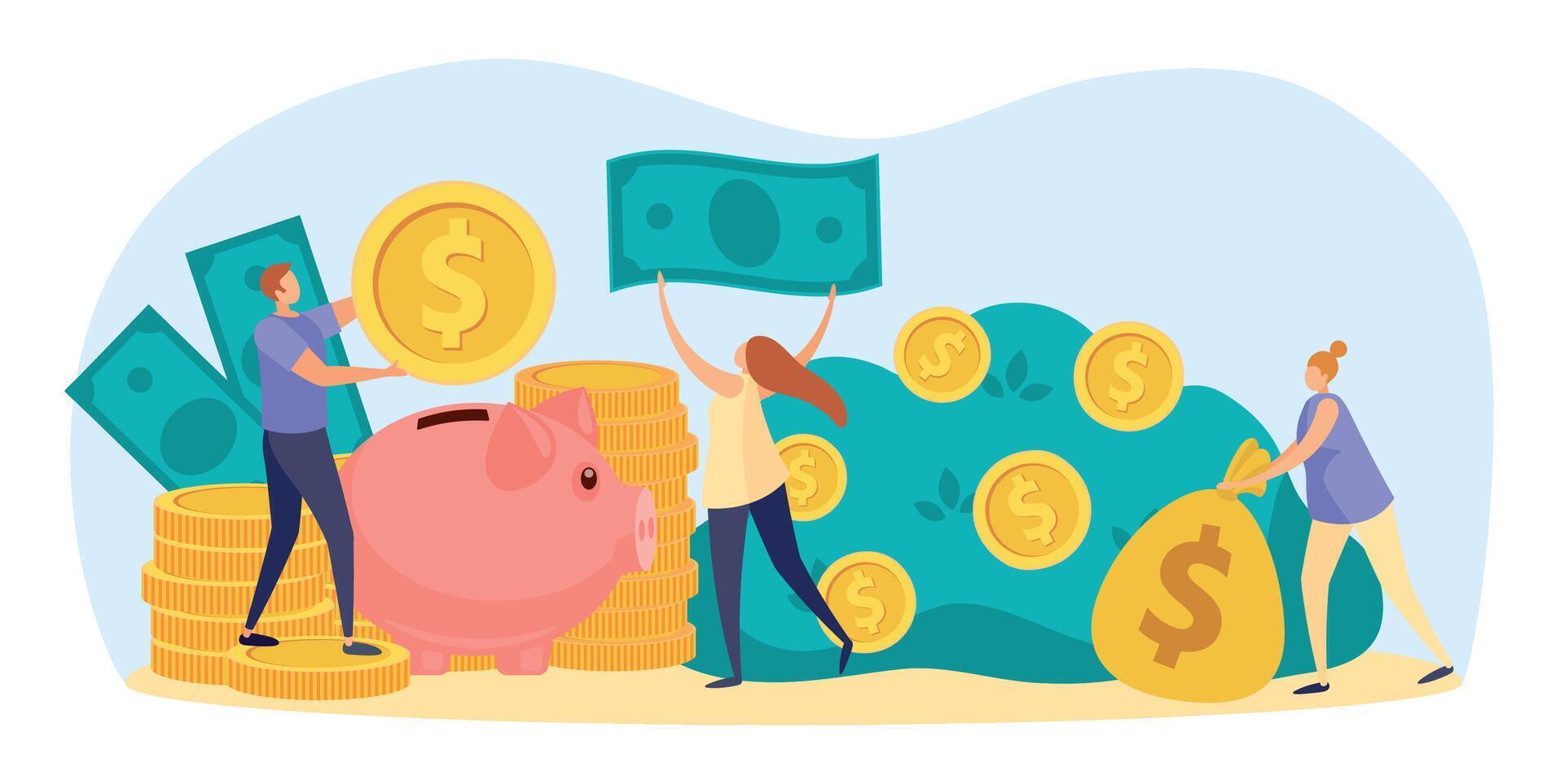 Money saving concept, golden coins and cash vector