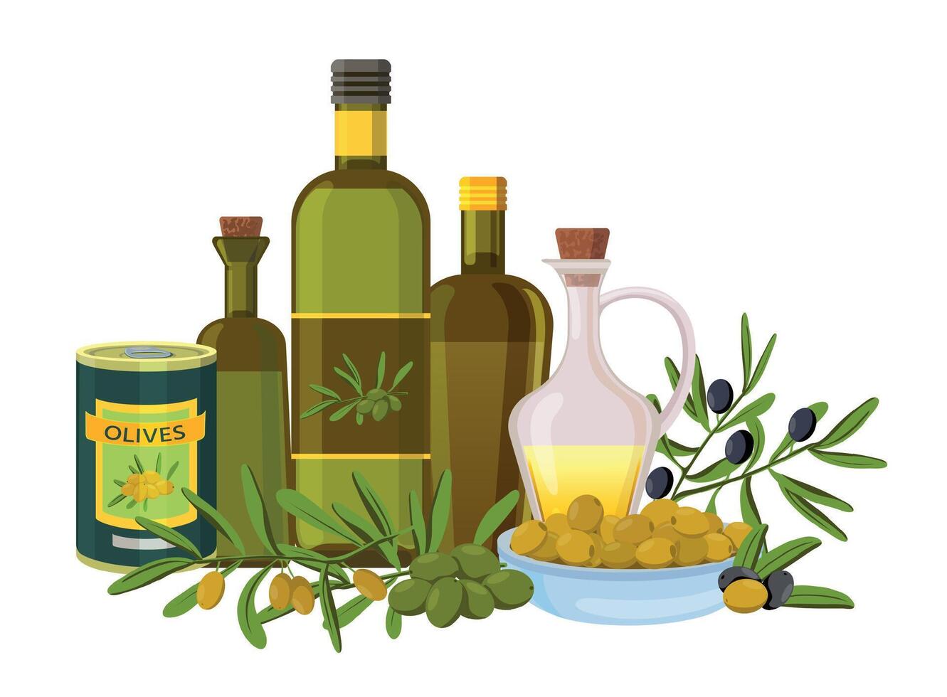 Olive oil set. Products made from olive branches. Black and green organic olives, jars and glass bottles vector