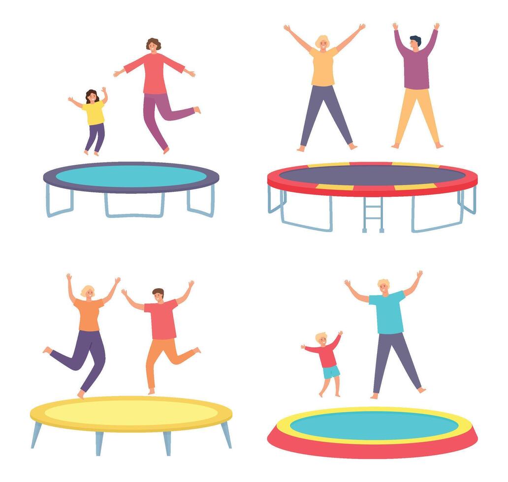 People jump on trampoline. Young man and woman and kids having fun and bouncing. Parent and kid leading active lifestyle vector