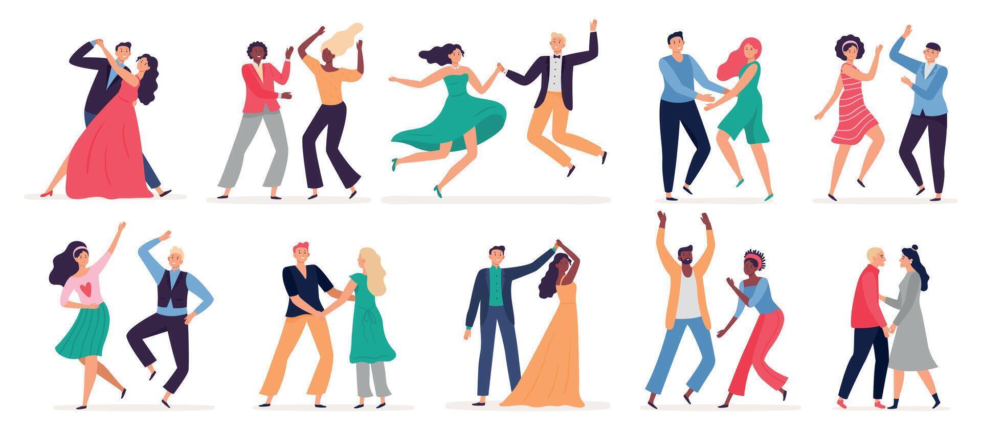 Cartoon couples dancing in club, tango, waltz and swing. Man and woman having training lessons vector