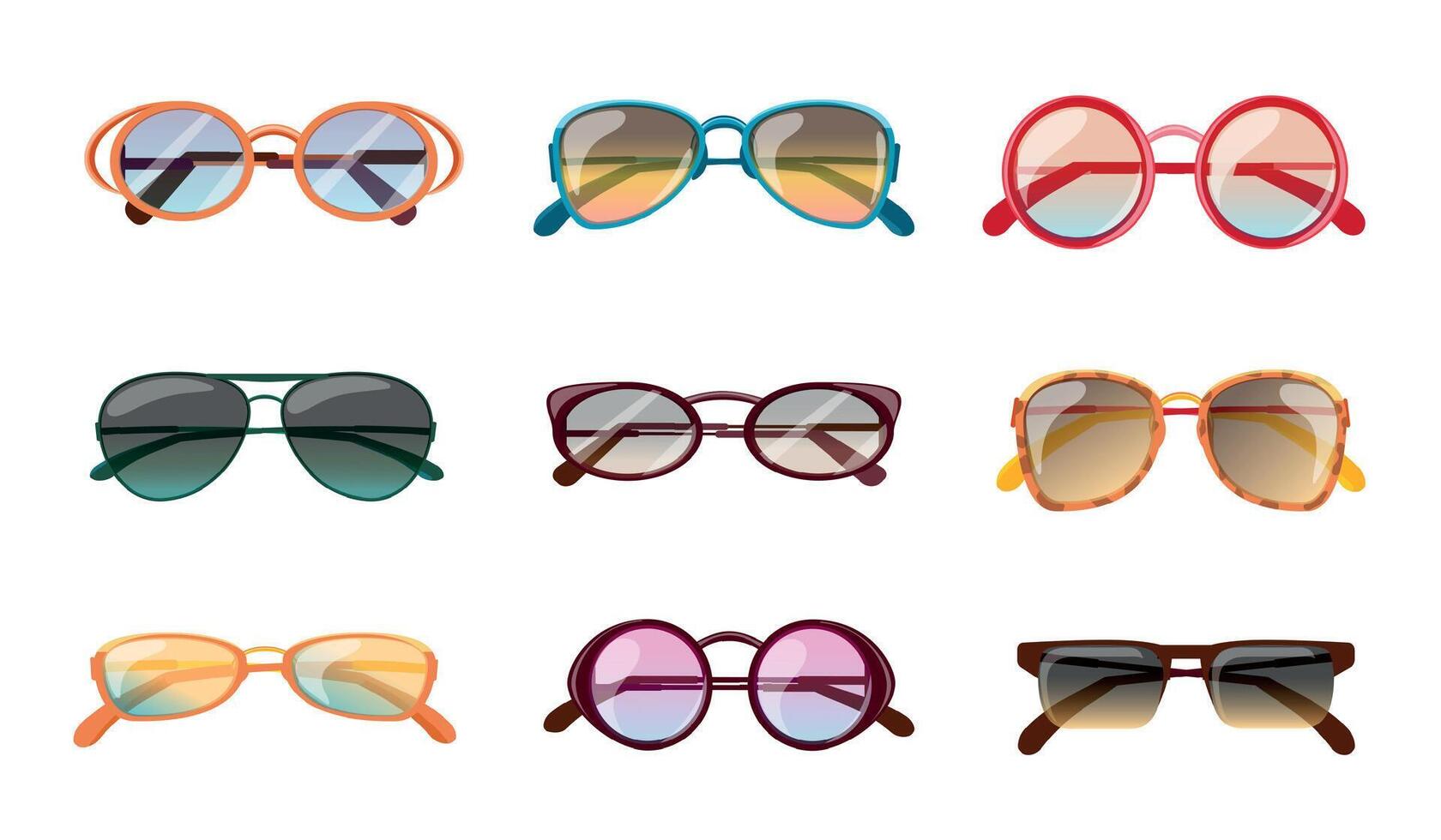 Cartoon modern colorful summer sunglasses fashion designs. Elegant eye glasses for sunny weather. Shades, sun spectacles, eyewear vector set