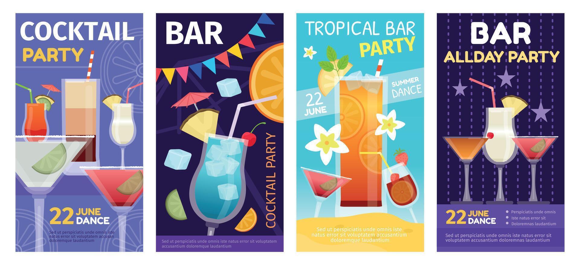 Cocktail summer party and tropical bar posters with drinks glasses. Alcoholic cocktails drinking event in night club invitation vector set