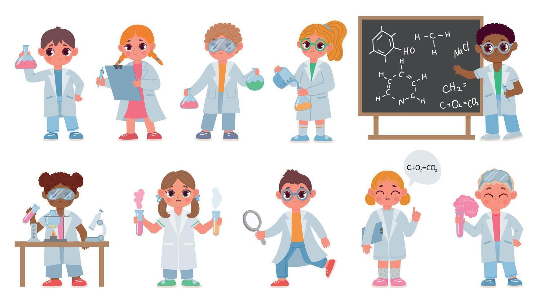 Cartoon kids in robes do chemistry experiment, children scientists. Biological students do laboratory test. Kid science education vector set