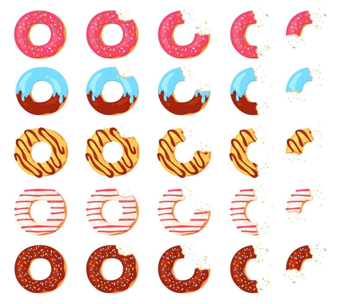 Eaten donut. Bitten chocolate donuts, pink icing with sprinkles top view. Animation stages of eating glazed doughnut with crumbs, vector set