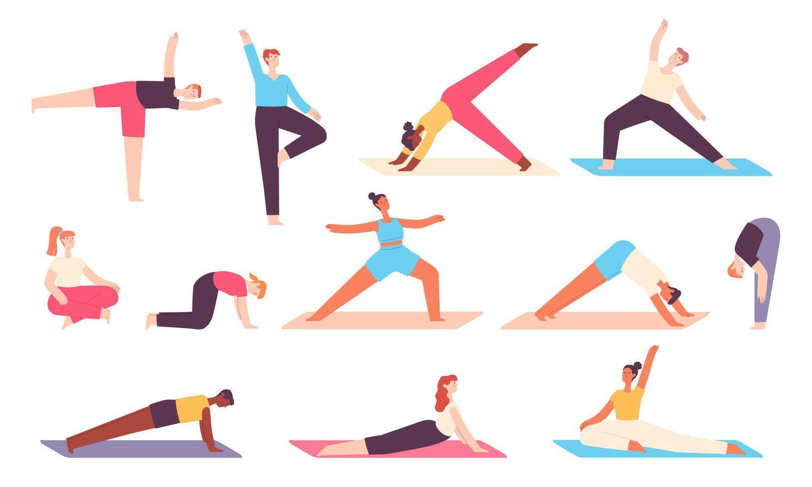yoga gente. hombres y mujer hacer tramo ejercicios para cuerpo y mente relajarse. zen meditación en equilibrado asana pose. sano bienestar vector conjunto
