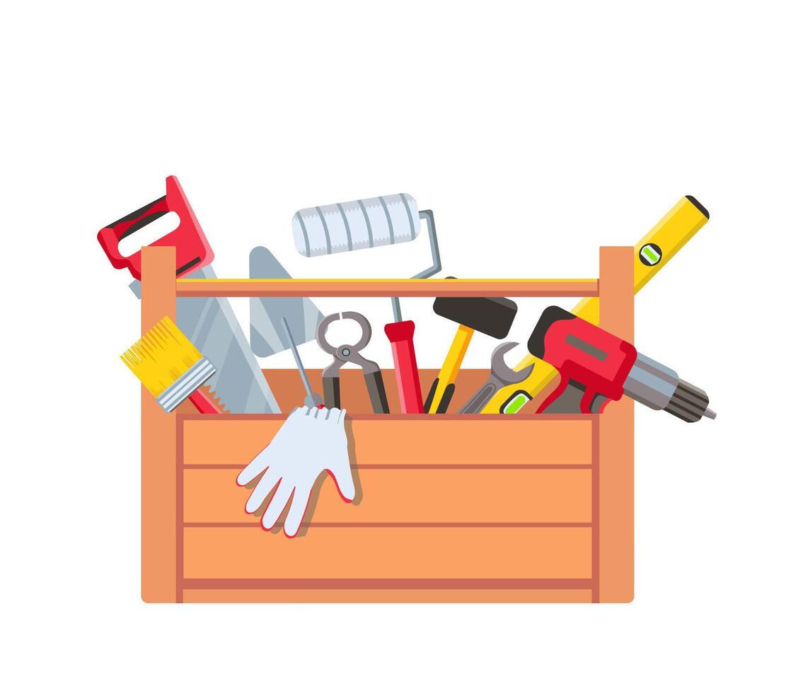 Toolbox with equipment. Wooden toolkit box with saw, drill, brush trowel and building level. House repair tools. Maintenance vector concept