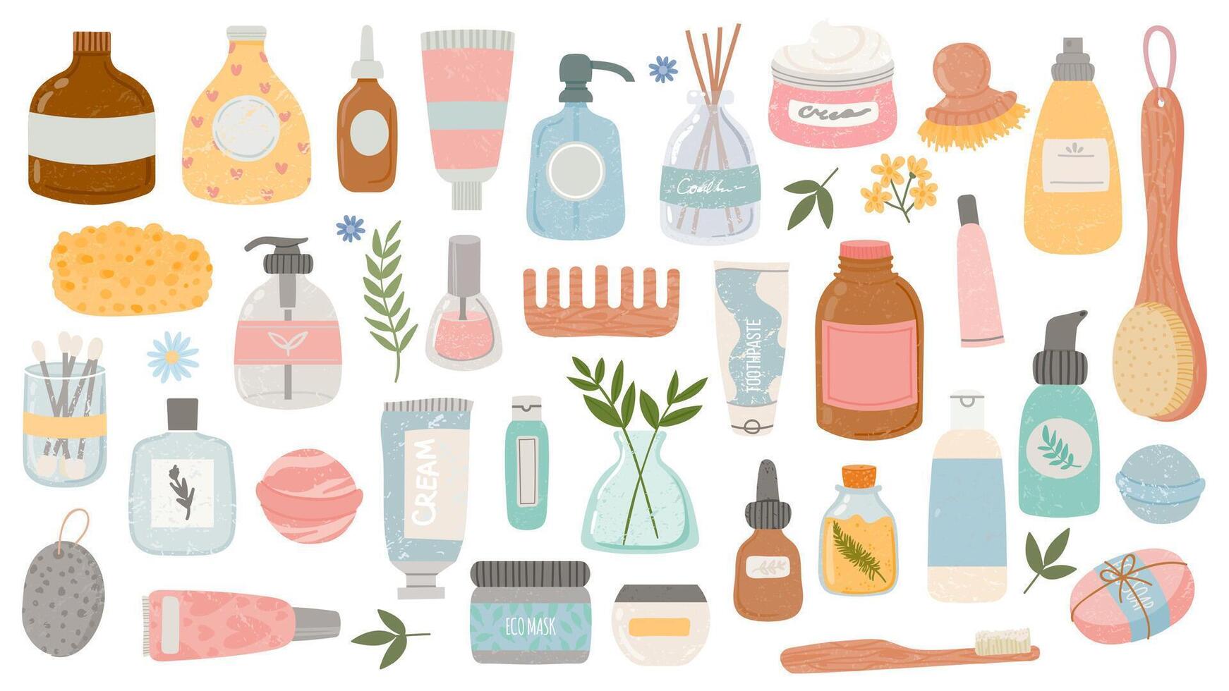 plano higiene y belleza productos cosmético botellas y tubos, bañera accesorios, loción, champú, petróleo y maleza. orgánico piel cuidado vector conjunto