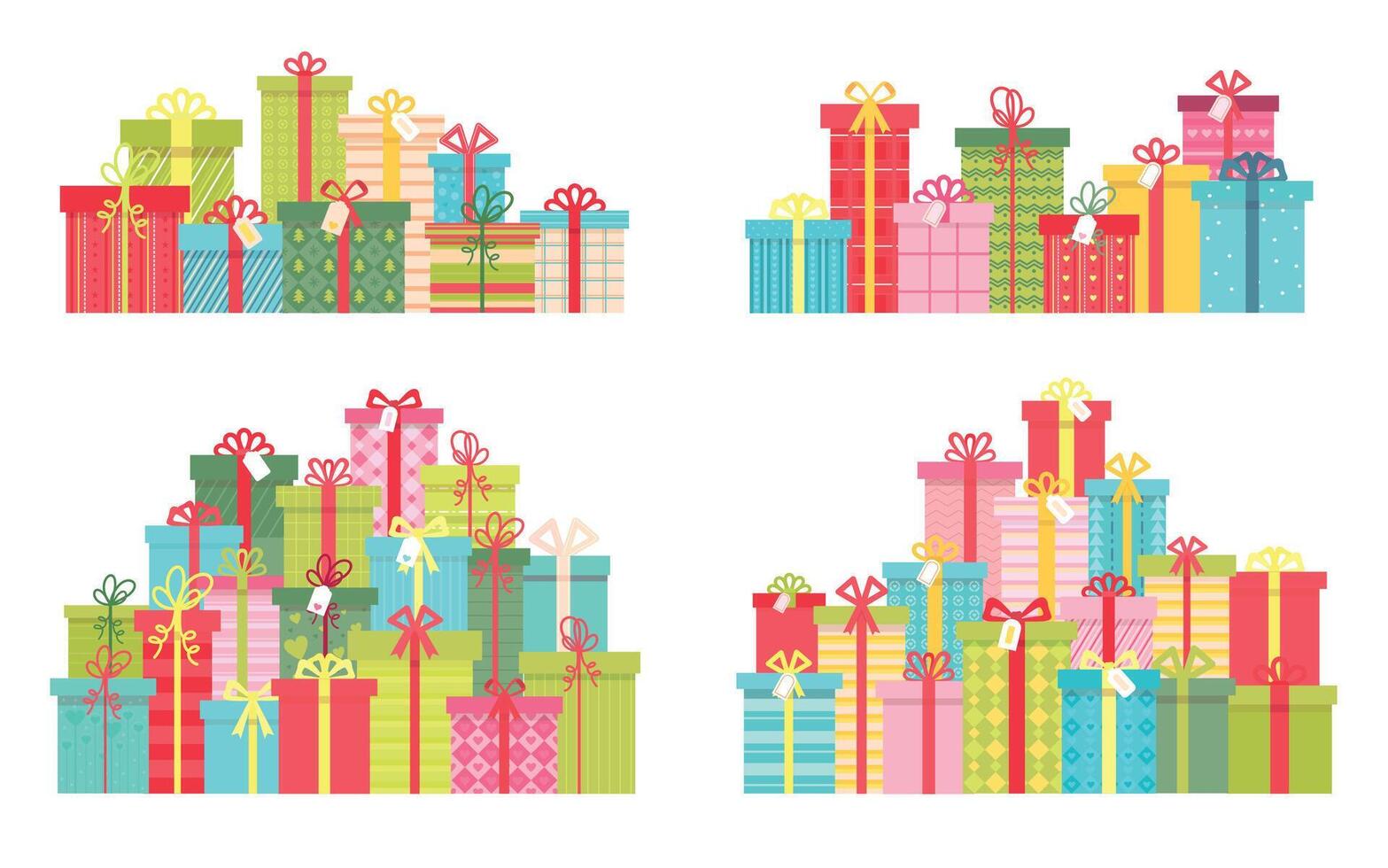 Cartoon pile of christmas and birthday presents in gift boxes. Prize concept. Holiday surprise party decoration. Flat gift stack vector set