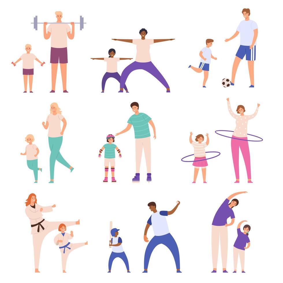 Parents and children doing sport. Father and son play football, mother and daughter do fitness exercise. Family physical activity vector set