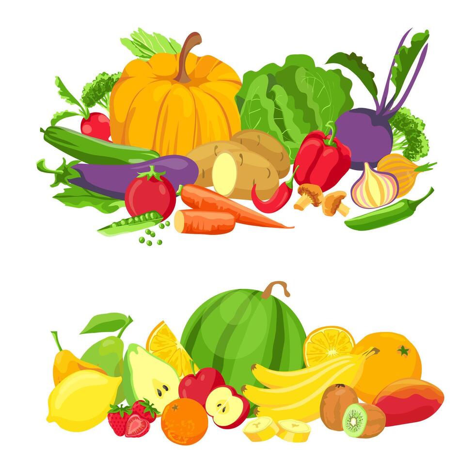 Vegetables and fruits groups. Organic fresh food. Natural farm green products. Cartoon tropical fruit for juice. Healthy diet vector concept