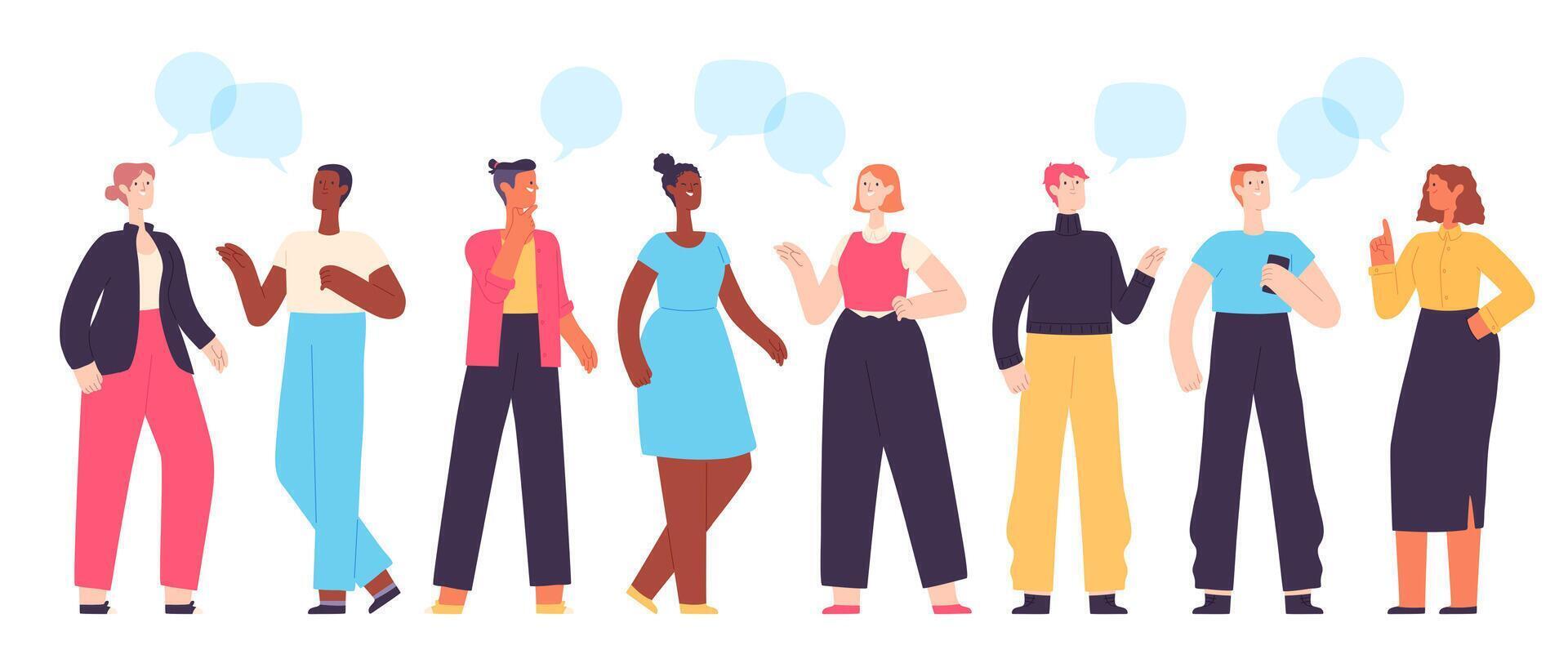 People communicate. Diverse character group chatting and talking. Flat students with dialogue speech bubbles. Social conversation vector set