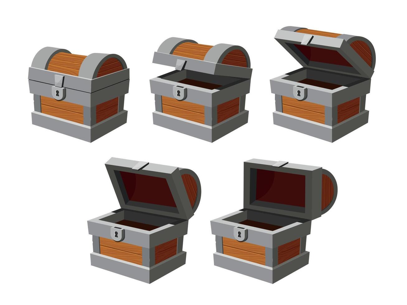 Chest animation. Cartoon empty treasure casket opening frames. Closed ancient chest with lock. Game wooden box with open cover vector icons