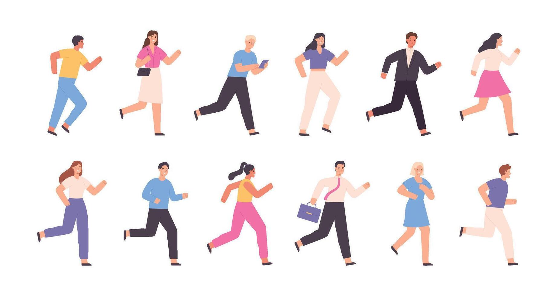 plano corriendo gente, negocio hombre, mujer, trotar caracteres. al aire libre deporte actividad. éxito competencia concepto. dibujos animados corredor vector conjunto