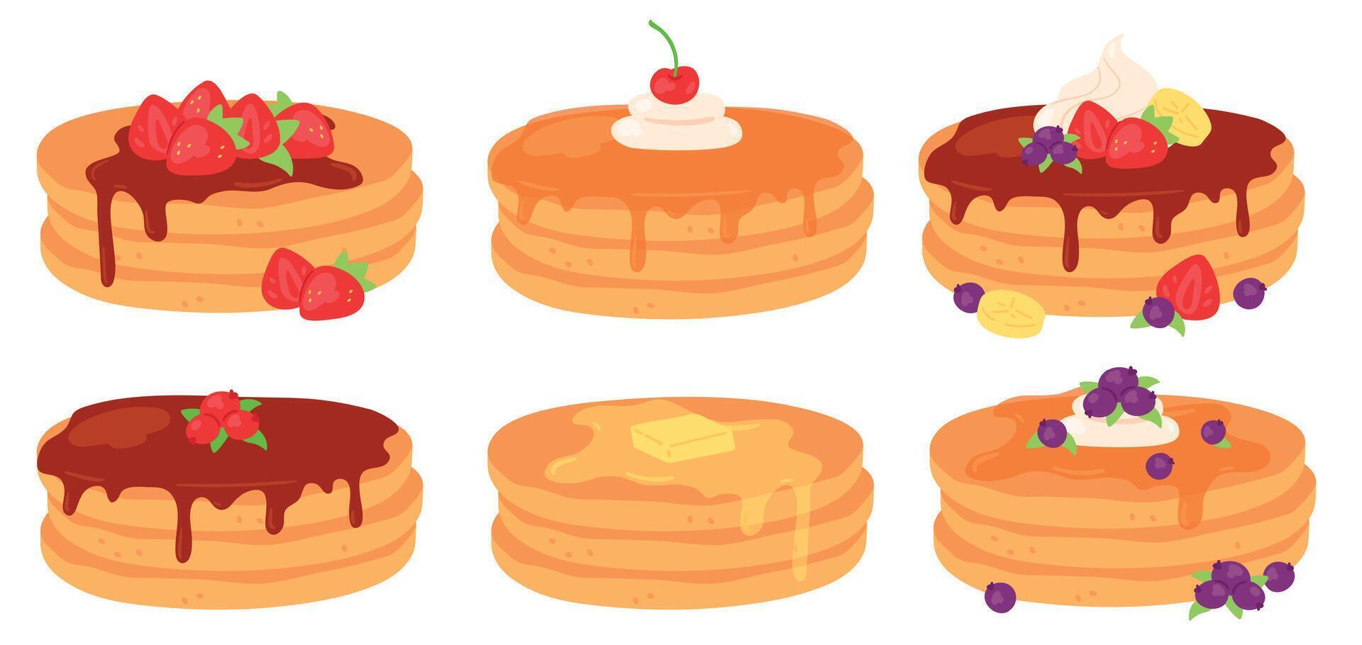 Cartoon breakfast pancake stacks with maple syrup and berry toppings. Tasty pancakes with butter, chocolate, cream and strawberry vector set