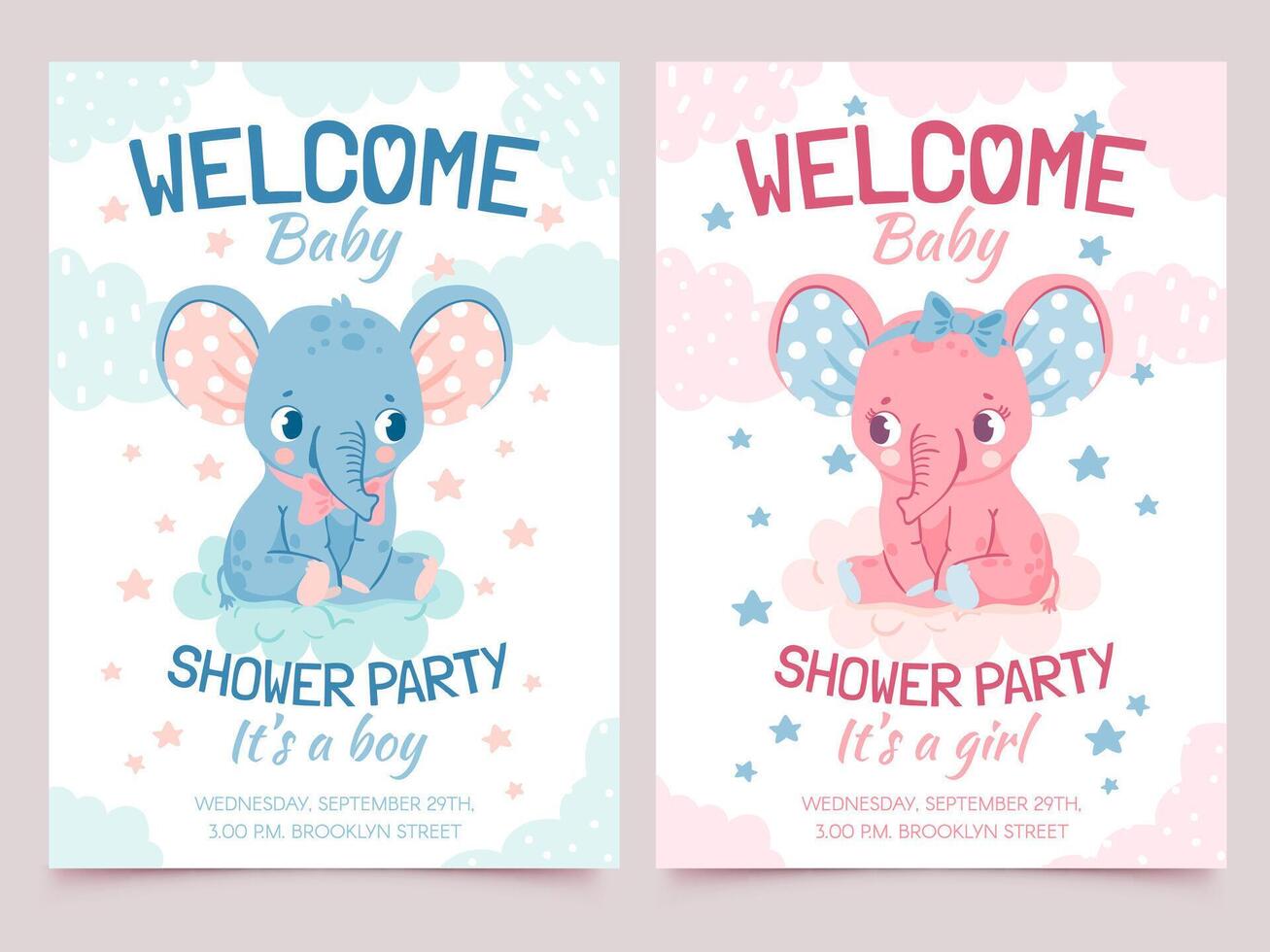 bebé ducha elefante. invitación tarjeta para recién nacido chico y niña fiesta con elefantes en nube. Bienvenido niño bandera con linda animal vector conjunto