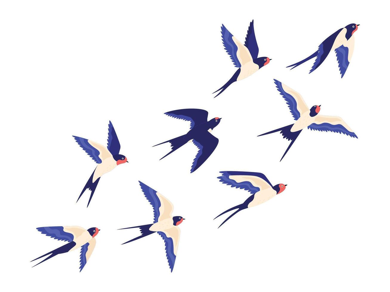 Flat small swallow bird flock flying in air. Cartoon group of barn swallows freedom flight in sky. Peaceful vector illustration with birds