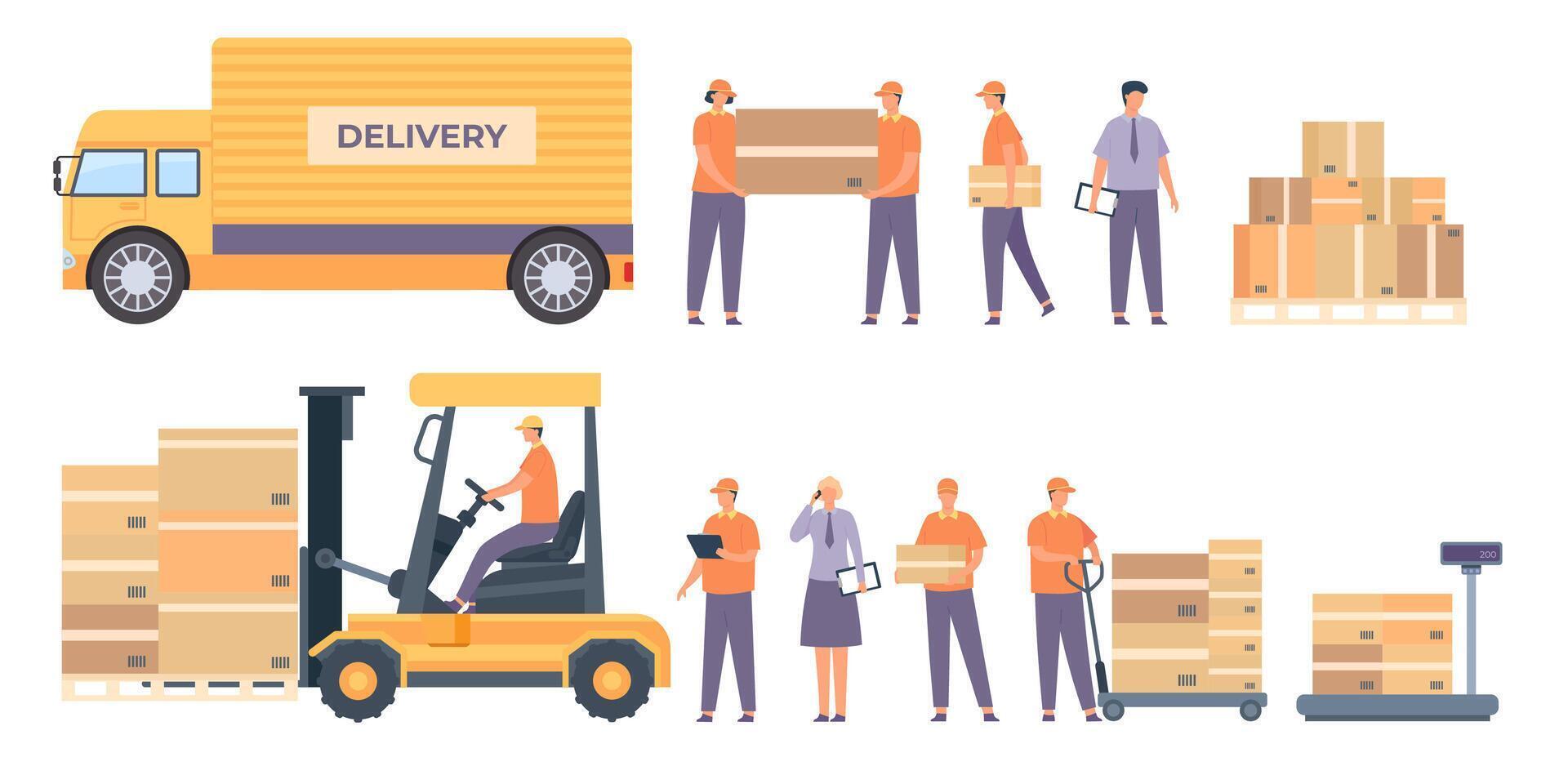 Warehouse workers and equipment. Flat delivery man with parcels, truck, pallet with boxes and service worker. Logistic industry vector set