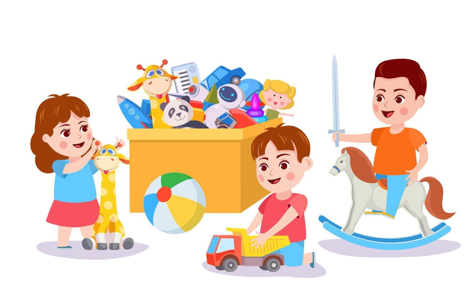 Kid playing with toys. Children and box with toy cars, blocks and bear. Boy play pretending on rocking horse. Kids activity vector concept