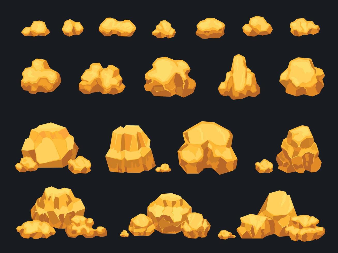 Cartoon gold mine nuggets, boulders, stones and piles. Natural shiny solid golden rock heap. Jewel nugget icons for miner game vector set