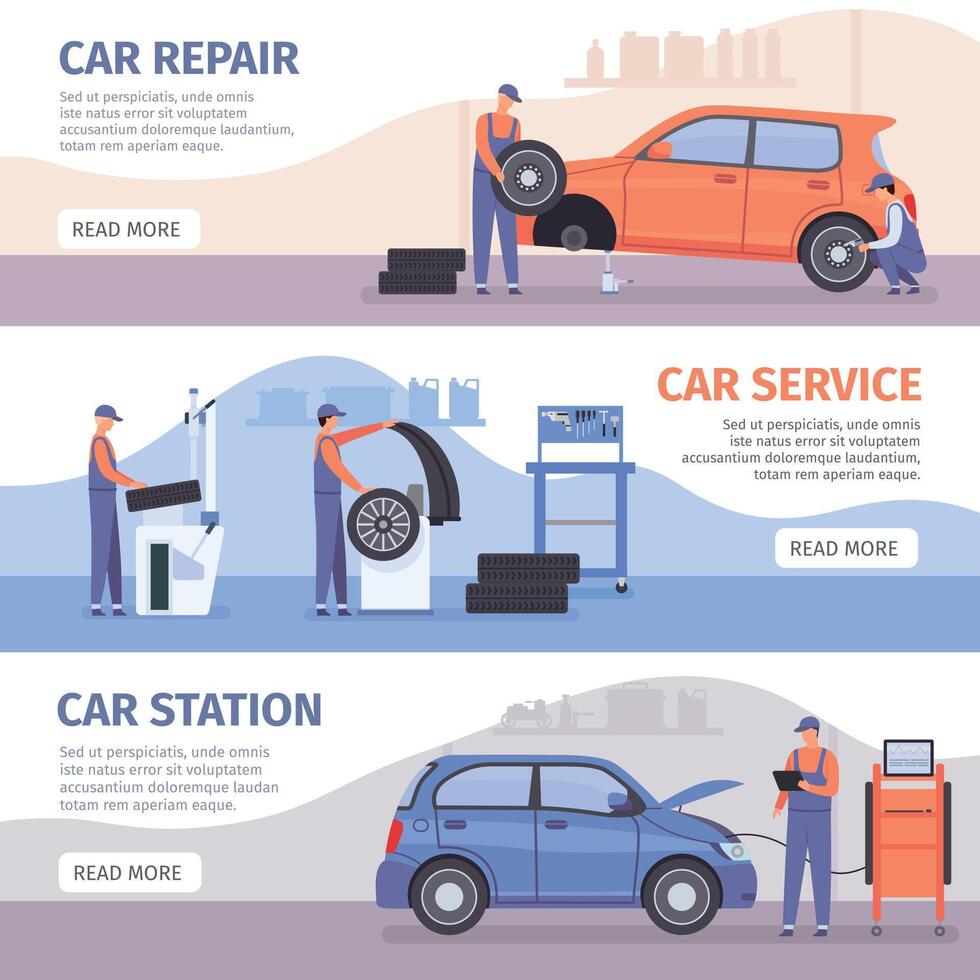 Auto repair service banner. Car workshop posters with workers fix cars and wheel tires. Vehicle mechanic maintenance advertising vector set