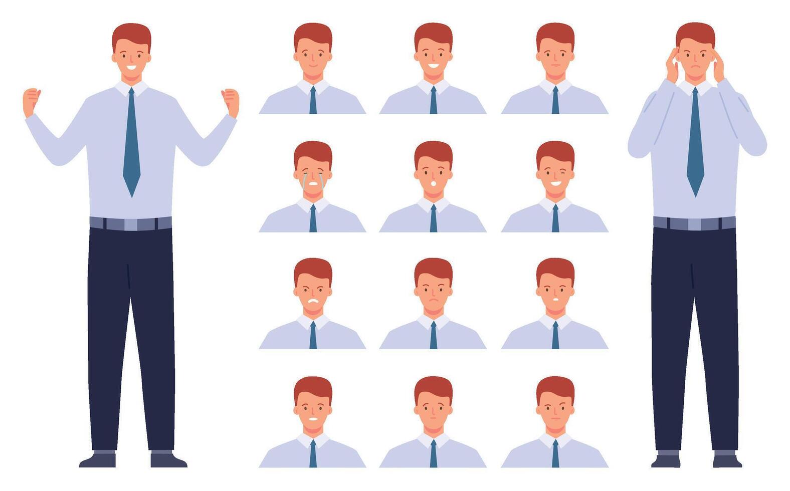 Flat business man character emotions and facial expressions. Angry, doubt, sad and happy businessman face. Office worker emoji vector set