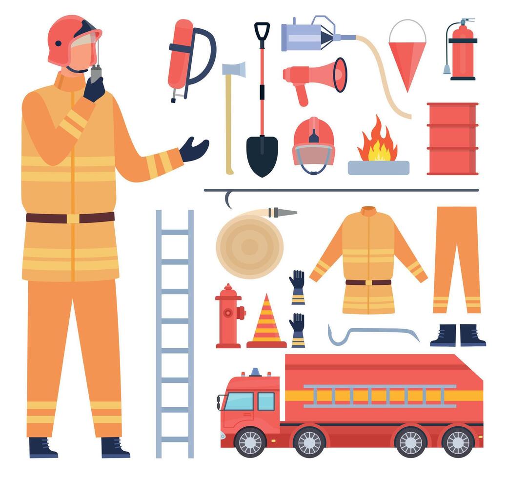 Cartoon fireman character in uniform, firefighter equipment and tools. Water hose, fire engine, extinguisher, helmet and hydrant vector set