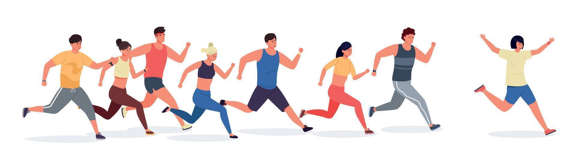 dibujos animados corredor. personas en deporte ropa corriendo y correr, deporte atlético hombres y mujer en grupo capacitación. vector ilustración