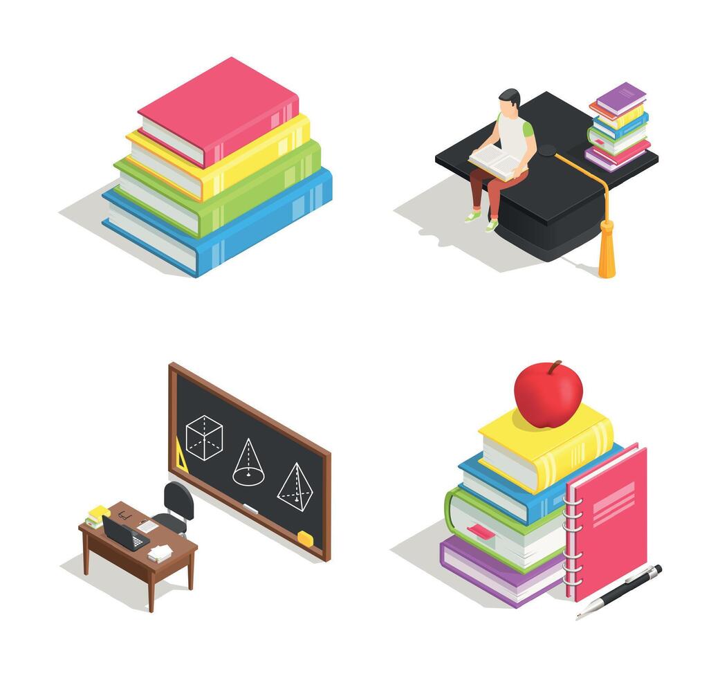 Isometric college education icon, stack of books and study vector