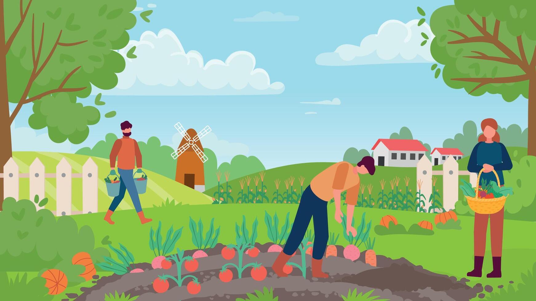 Autumn gathering. People collecting harvest, man picking carrot and beetroot, woman holding basket with vegetables vector