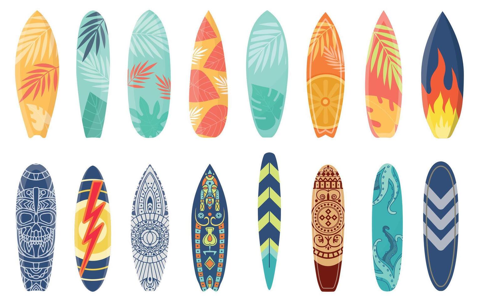 Cartoon surfing board with summer design and ethnic pattern. Surfboard with tropical leaf print, flame and lightning. Surf boards vector set