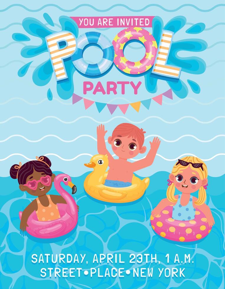 piscina cumpleaños fiesta invitación póster con niños con inflable anillos verano nadando evento para niños. dibujos animados vacaciones vector publicidad