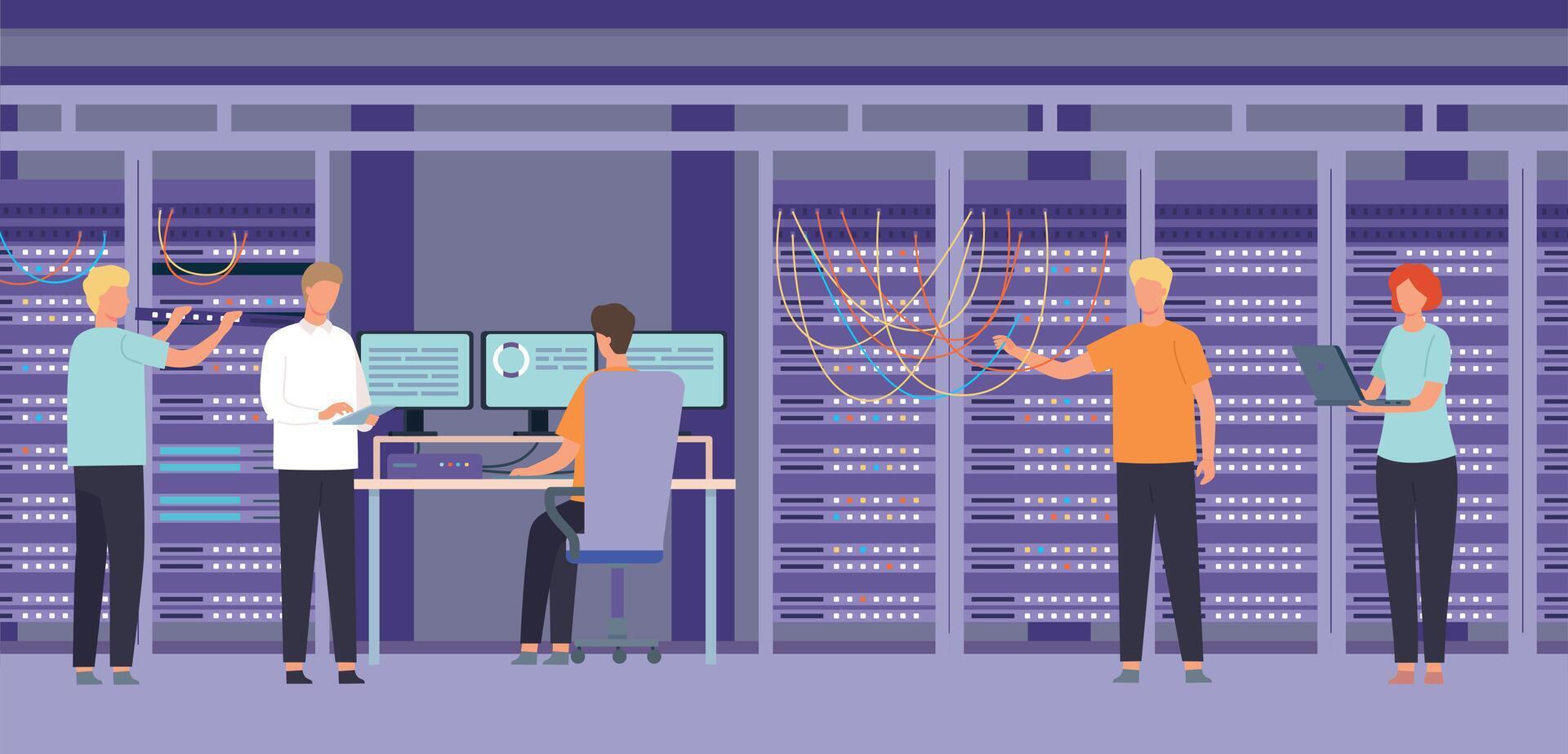 plano datos centrar habitación con sistema administradores, apoyo y reparar servidor obrero. base de datos y web hospedaje almacenamiento tecnología vector escena