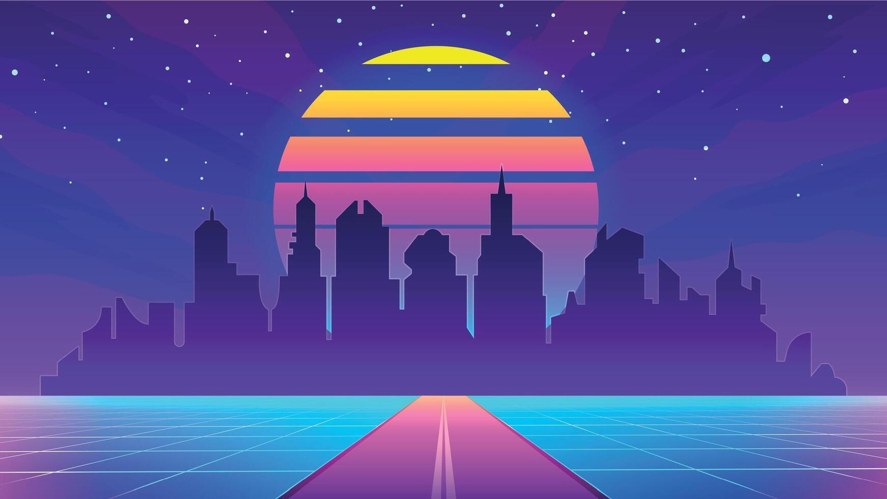 Retro 80s futuristic city landscape with sunset, grid and highway. Virtual reality cityscape in neon color. Cyber future urban vector scene