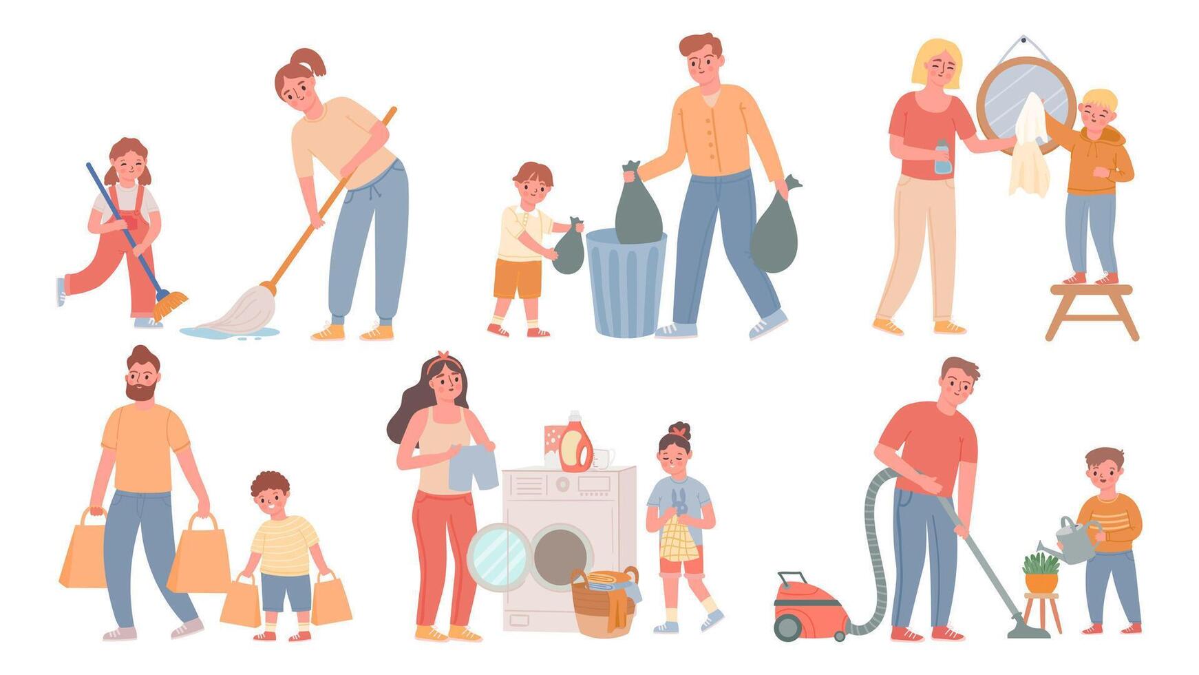 Kids and parents cleaning. Children helps adults with housework, sweeping, do laundry, throw out garbage. Cartoon family chores vector set