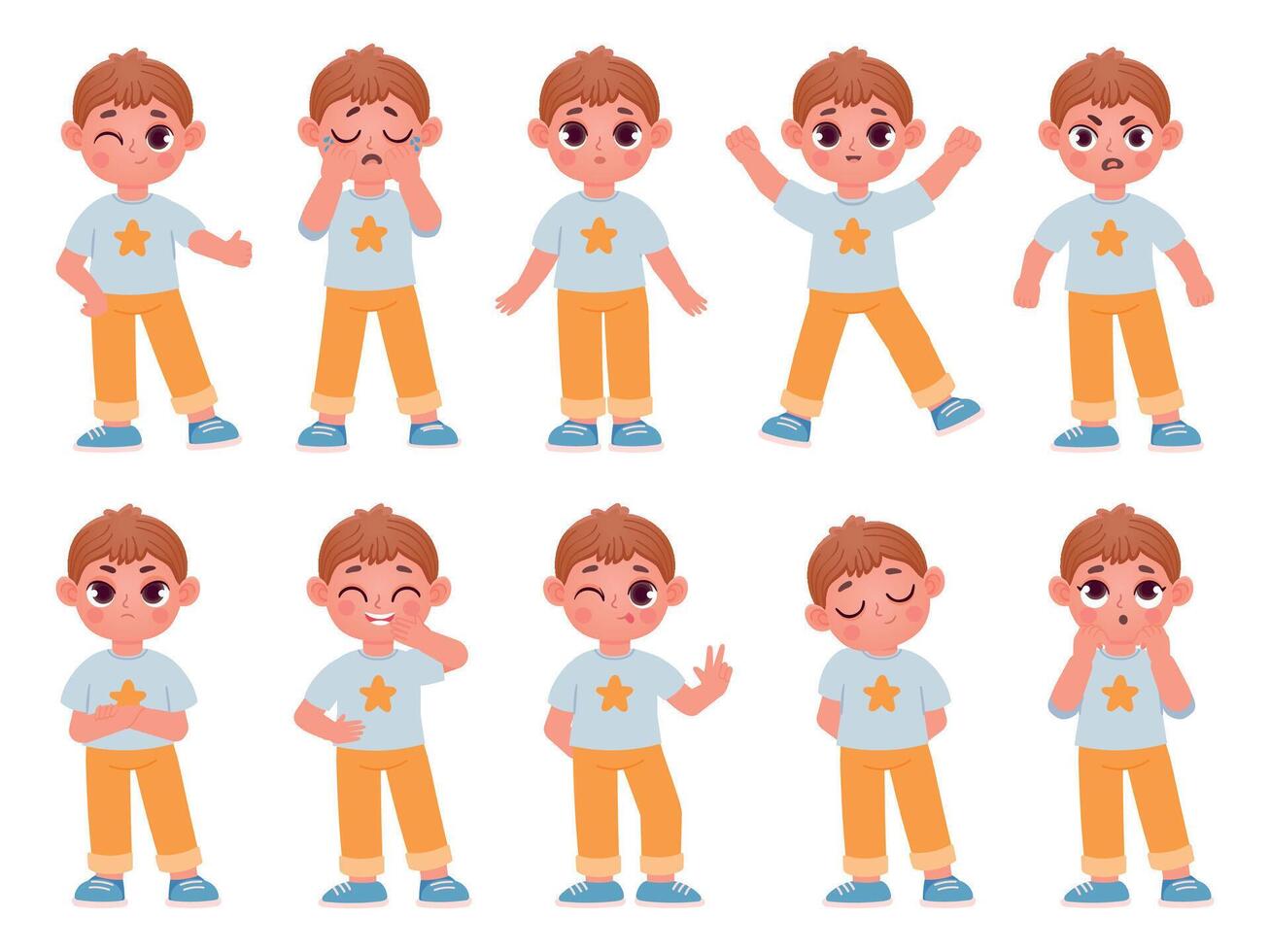 Cartoon cute kid boy character expressions and emotions. Little child laugh, smile, cry and surprise. Angry, sad, happy boy pose vector set