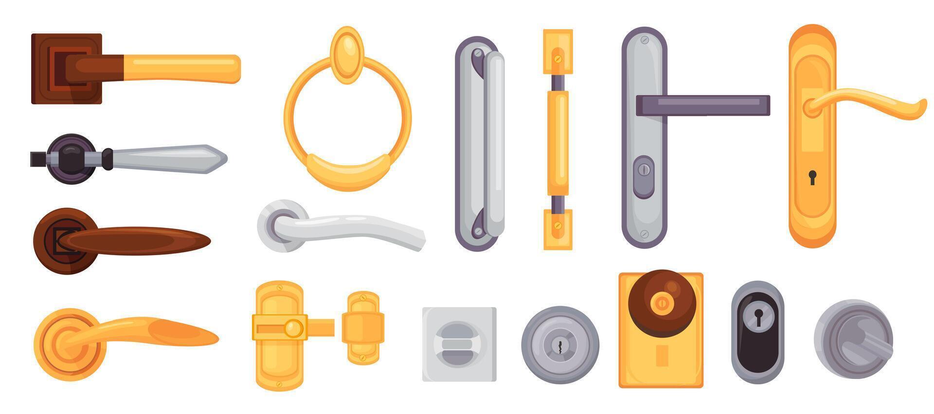 Door handle and knob. Cartoon modern metal and golden locks, latches, doorknobs and handles. House interior doors element icons vector set