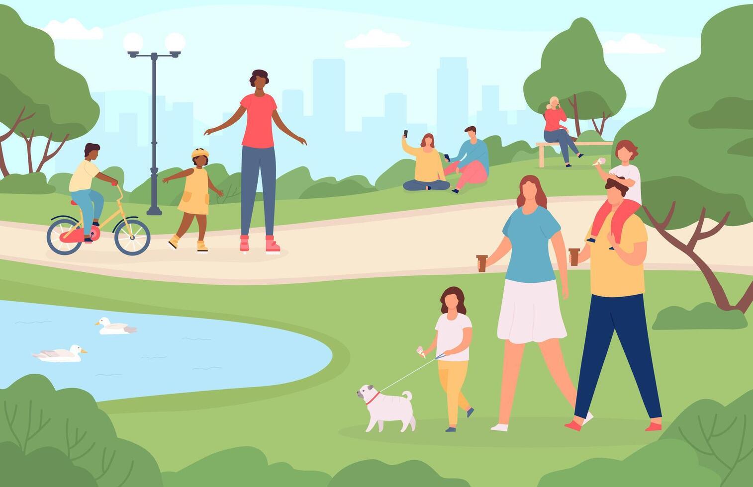 People in city park. Happy families walking dog, playing in nature landscape and riding bicycle. Cartoon outdoor activities vector concept